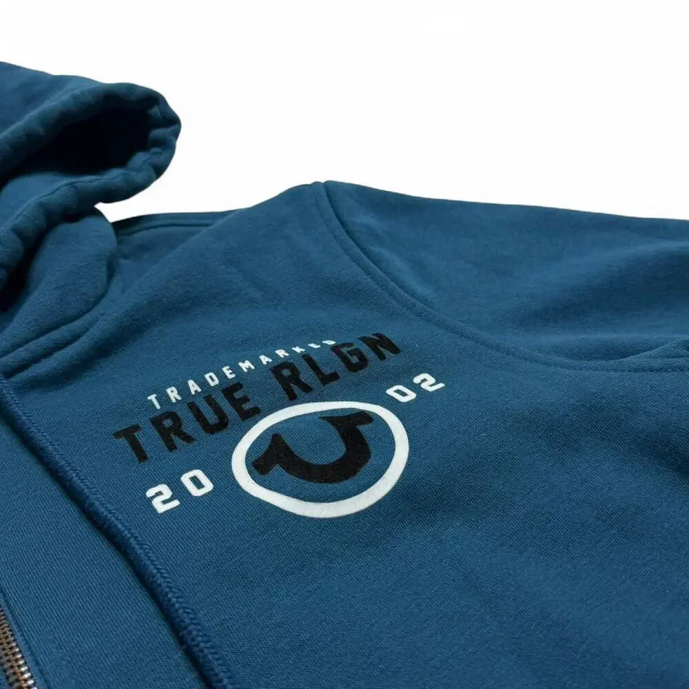 True Religion Blue Zip Hoodie Graphic Logo Sweatshirt Mens Medium